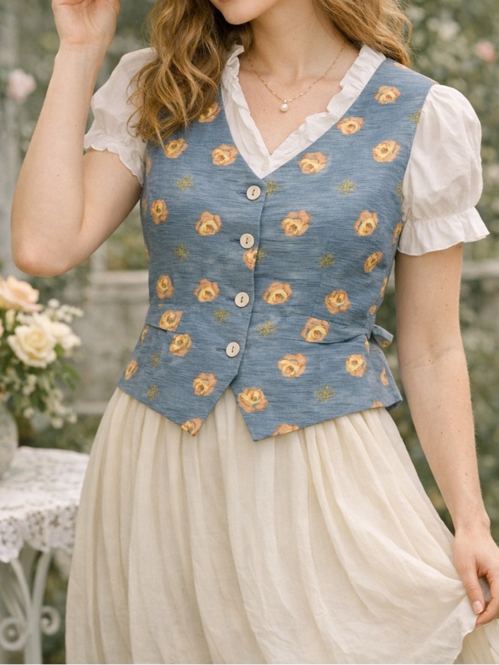 Vintage Style Silk Floral Vest Stanley Blacker Size 10 Blue Yellow Rose Print